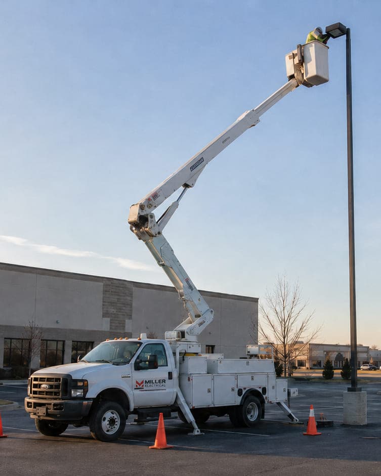 Miller Electrical bucket truck with the boom extended to a parking lot light pole, an electrician working at the fixture head